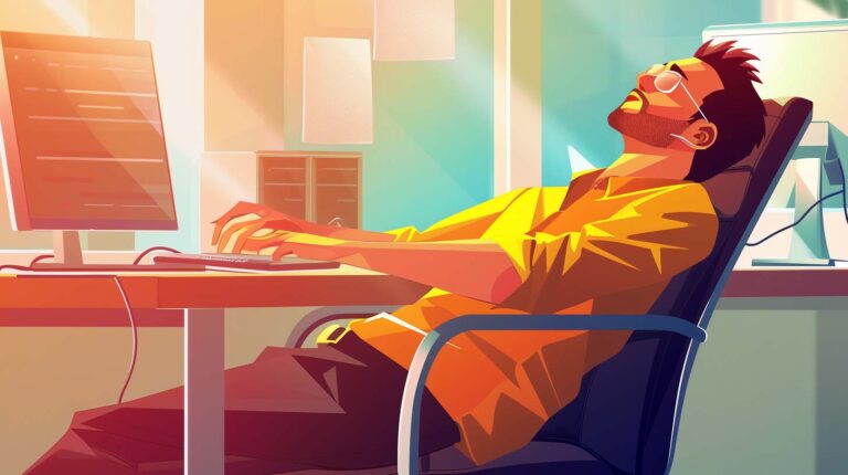 Ilustración de hombre cansado recostado en silla frente a computadora en oficina iluminada