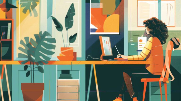 Ilustración de mujer en teletrabajo desde casa, sentada frente al computador en un espacio con decoración moderna y plantas