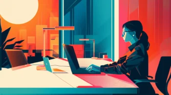 Ilustración de mujer con gafas trabajando en laptop en oficina con gran ventana y vista urbana