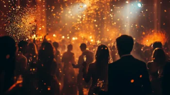 Fiesta elegante de noche con personas celebrando entre luces y copas