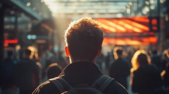 Persona de espaldas con mochila en estación concurrida con luz de atardecer
