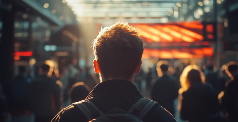 Persona de espaldas con mochila en estación concurrida con luz de atardecer