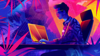 Ilustración de una persona trabajando en una laptop con fondo colorido estilo futurista