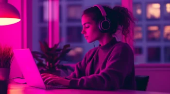 Young woman wearing headphones working on a laptop at night in a pink-lit room