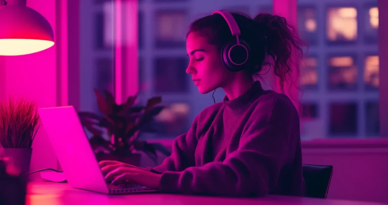 Young woman wearing headphones working on a laptop at night in a pink-lit room