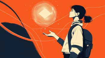 Ilustración de una chica estilo anime con mochila mirando una esfera brillante que flota sobre fondo naranja abstracto