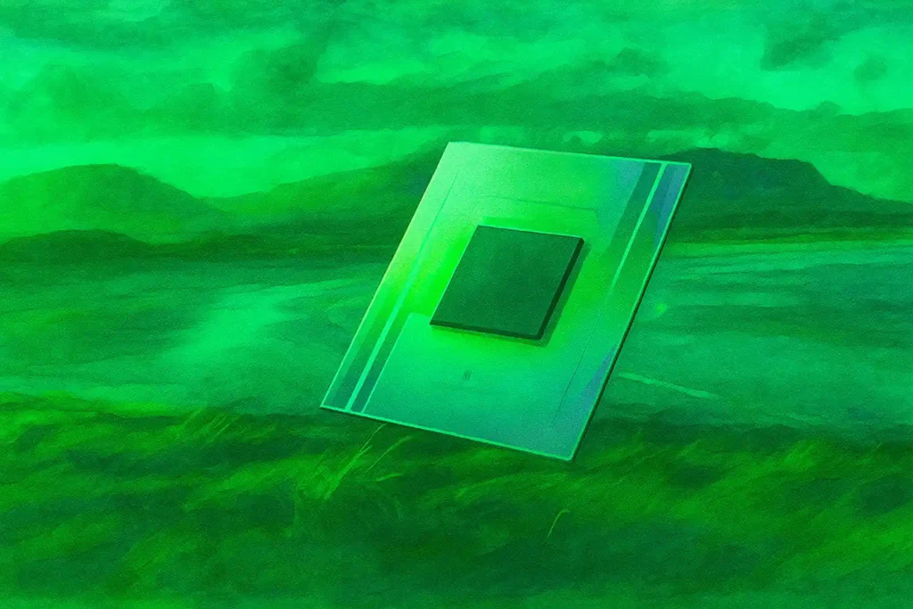 Ilustración artística en estilo pintura que muestra el chip cuántico Willow sobre un paisaje costero, representando la fusión entre naturaleza y tecnología en la nueva era de la computación cuántica.