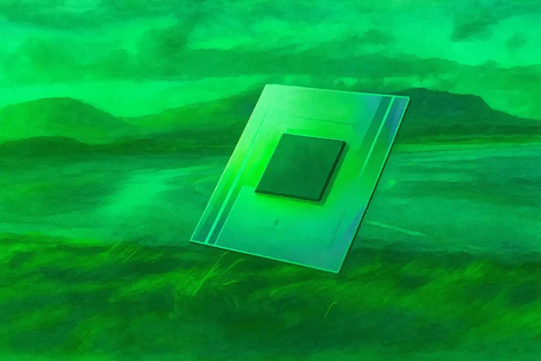 Ilustración artística en estilo pintura que muestra el chip cuántico Willow sobre un paisaje costero, representando la fusión entre naturaleza y tecnología en la nueva era de la computación cuántica.