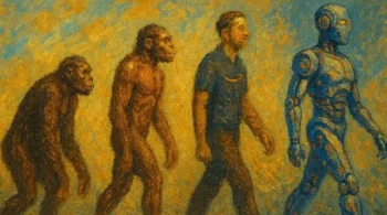 Representación artística de la evolución humana hasta la automatización moderna, mostrando el paso del trabajador humano al robot impulsado por inteligencia artificial.