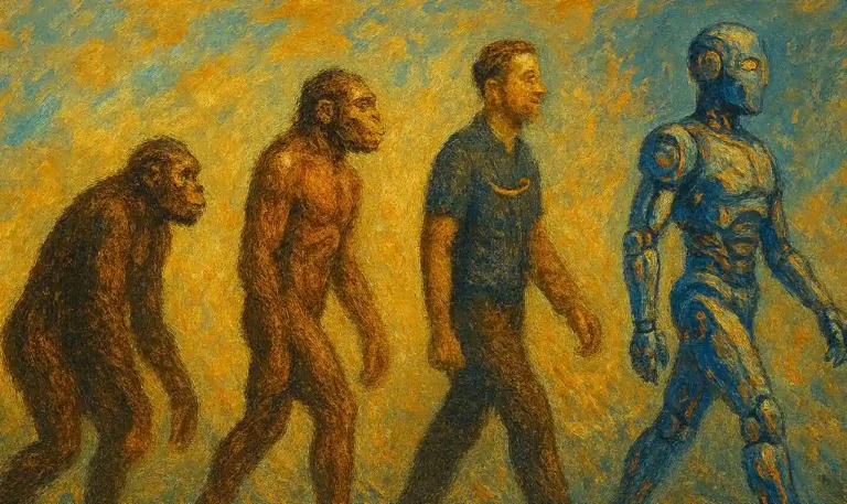 Representación artística de la evolución humana hasta la automatización moderna, mostrando el paso del trabajador humano al robot impulsado por inteligencia artificial.