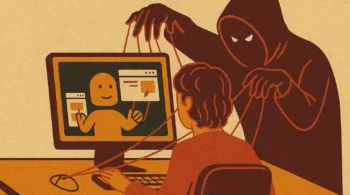 Ilustración artística de un hacker encapuchado controlando una inteligencia artificial mientras un usuario usa su computadora, representando el riesgo del prompt injection en navegadores con IA