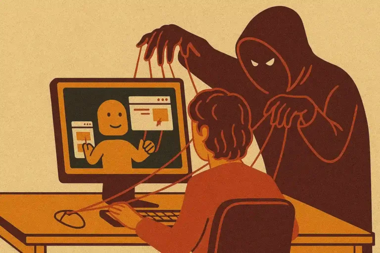 Ilustración artística de un hacker encapuchado controlando una inteligencia artificial mientras un usuario usa su computadora, representando el riesgo del prompt injection en navegadores con IA