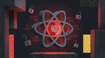 Ilustración de ciberseguridad estilo brutalista que muestra un logo de React tridimensional agrietado con luz roja y candados abiertos, representando las recientes vulnerabilidades críticas en React.js y Next.js.