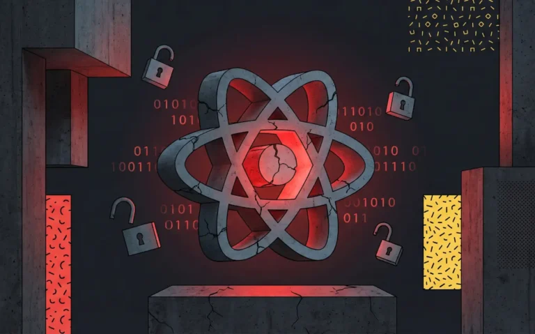Ilustración de ciberseguridad estilo brutalista que muestra un logo de React tridimensional agrietado con luz roja y candados abiertos, representando las recientes vulnerabilidades críticas en React.js y Next.js.
