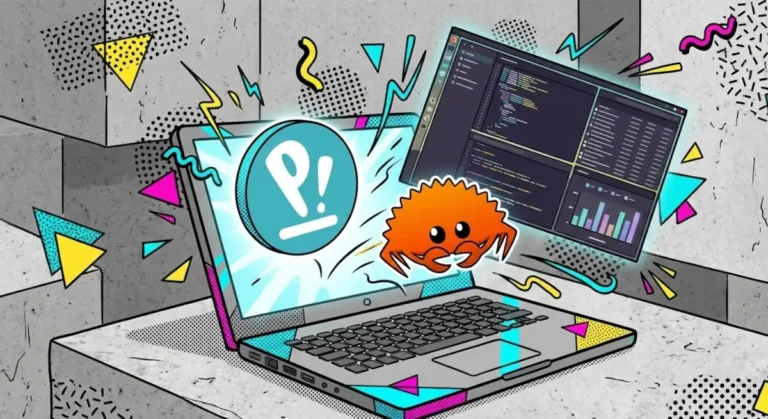 Ilustración conceptual de un ordenador futurista ejecutando el entorno de escritorio COSMIC de Pop!_OS, con una interfaz de ventanas en mosaico construida sobre una base de engranajes que representan el lenguaje de programación Rust.