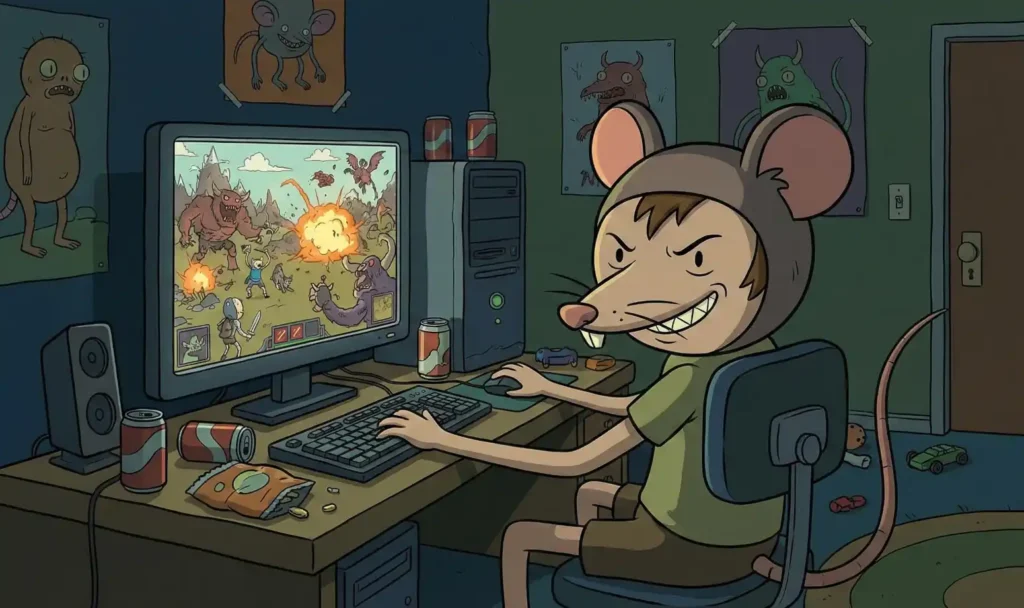 Una caricatura que ilustra el estereotipo del "niño rata", mostrando a un joven gamer con disfraz de ratón jugando intensamente en su PC en una habitación desordenada.