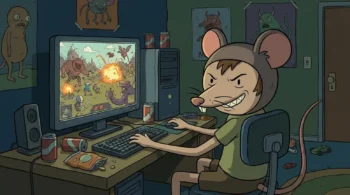 Una caricatura que ilustra el estereotipo del "niño rata", mostrando a un joven gamer con disfraz de ratón jugando intensamente en su PC en una habitación desordenada.
