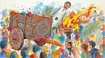 Ilustración artística en acuarela de una carreta típica de Costa Rica llena de color, junto a una mascarada tradicional (giganta) donde se ve el rostro feliz de la persona que lo maneja a través de la ventanilla, sosteniendo una antorcha de la independencia