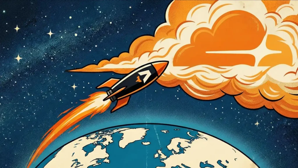 Gráfico minimalista estilo revista que muestra un cohete negro (Astro) aterrizando suavemente sobre una nube naranja (Cloudflare), representando la compra del framework Astro por parte de Cloudflare