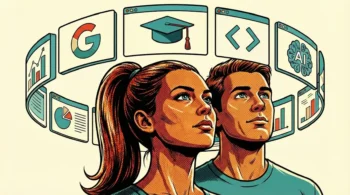 Ilustración en estilo cómic pop art que muestra a un hombre y una mujer mirando hacia arriba con inspiración, rodeados por un anillo de pantallas con iconos de los cursos gratuitos de Google, incluyendo el logo 'G', un cerebro de Inteligencia Artificial (IA), corchetes de programación y gráficos de análisis de datos.