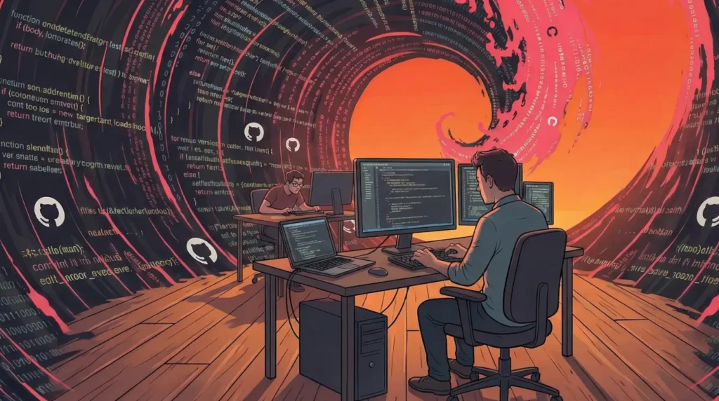 Ilustración de dos programadores trabajando en escritorios con múltiples pantallas, rodeados por un intenso vórtice giratorio de código naranja y rojo que incluye logotipos de GitHub
