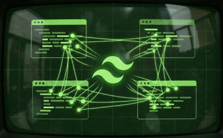 Ilustración conceptual del logotipo de Tailwind CSS conectado a nodos de redes neuronales brillantes que representan a la IA. En el fondo, una sutil trama pixelada de usuarios simboliza a la comunidad de desarrolladores afectada por la reciente reestructuración y despidos de la compañía