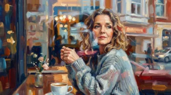 Ilustración artística de una mujer de 50 años mirando pensativa por la ventana de una cafetería con una taza en la mano
