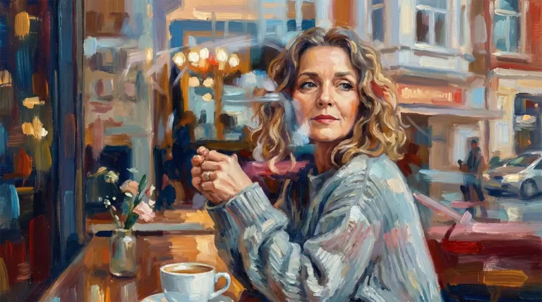 Ilustración artística de una mujer de 50 años mirando pensativa por la ventana de una cafetería con una taza en la mano