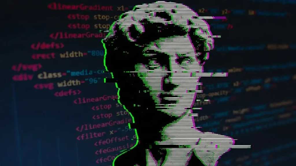 Ilustración artística de un busto clásico con efecto glitch y código de programación de fondo, representando la vulnerabilidad y la filtración de datos reciente de Telcel