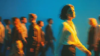 Silueta de una mujer profesional caminando con determinación en sentido opuesto a una multitud difusa, representando innovación y liderazgo contra la corriente en un entorno corporativo.