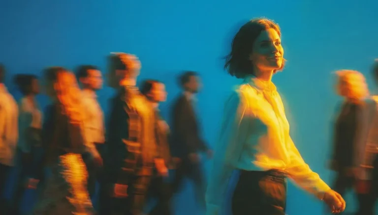 Silueta de una mujer profesional caminando con determinación en sentido opuesto a una multitud difusa, representando innovación y liderazgo contra la corriente en un entorno corporativo.