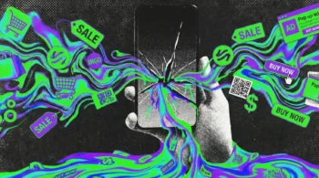 Ilustración artística estilo moderno y brutalista de un teléfono inteligente con la pantalla rota, desde donde brota un líquido fluido y colorido. El fluido simboliza la saturación y la entrada de publicidad y marcas comerciales dentro de ChatGPT y plataformas de Inteligencia Artificial.