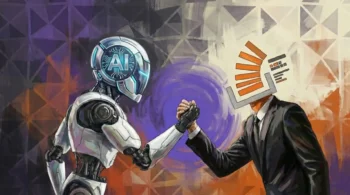 Ilustración artística que representa la transición del desarrollo de software: un robot de Inteligencia Artificial dándole un apretón de manos a una figura con el logo de Stack Overflow por cabeza