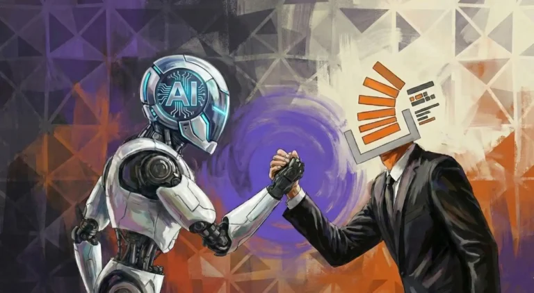 Ilustración artística que representa la transición del desarrollo de software: un robot de Inteligencia Artificial dándole un apretón de manos a una figura con el logo de Stack Overflow por cabeza
