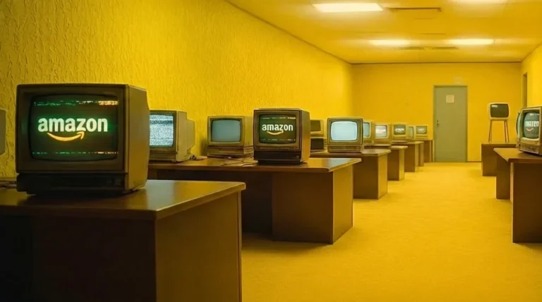 Oficina vacía de estilo retro con monitores CRT antiguos que muestran el logo de Amazon y la palabra "Despidos" con interferencia digital.