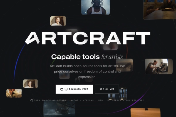 Captura de pantalla de la página de inicio oficial de ArtCraft, el ecosistema de código abierto y alternativa a Adobe que ofrece herramientas gratuitas para artistas, creadores y desarrolladores.
